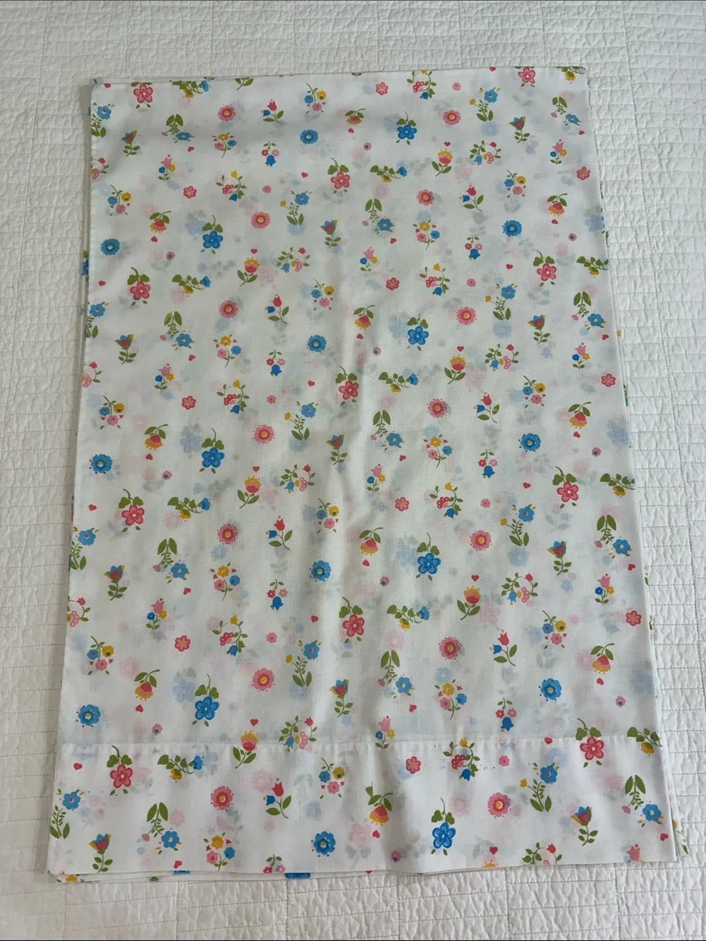 Vintage Floral Cotton Pillowcase White with Pink & Blue Flowers Retro Cottagecor